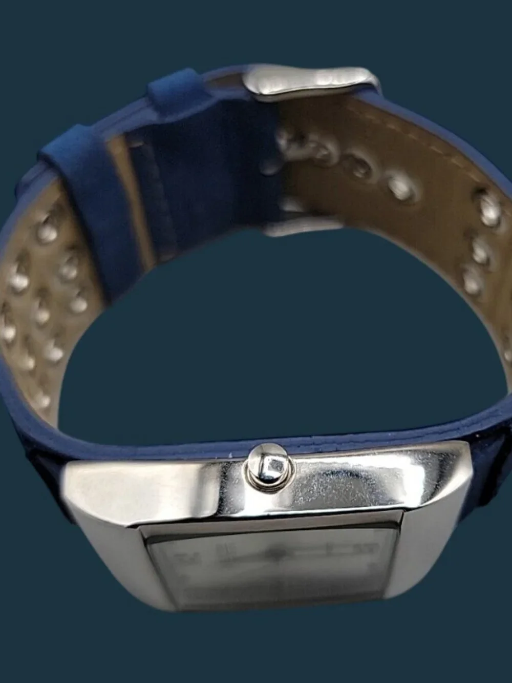 Joan Rivers Classics Tonneau Watch Royal Blue Wide Suede Leather Band 7.5